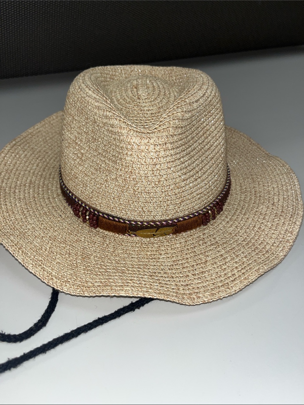 Source Unknown Natural Straw wide brim Hat w/ Brown Trim chin strap